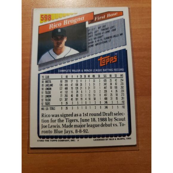 Rico Brogna 1993 Topps Gold #598 - Detroit Tigers - MLB - Picture 4 of 4
